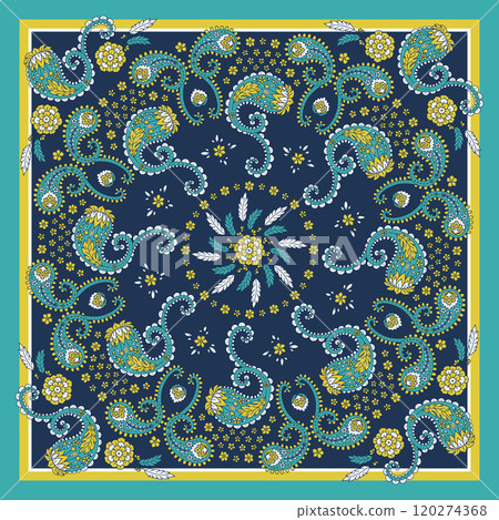 Gold and blue scarf or bandana design with paisley mandala pattern 120274368