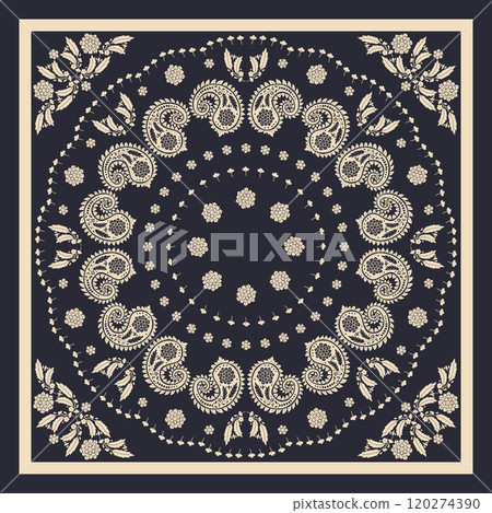 black and white scarf or bandana design with paisley mandala pattern 120274390