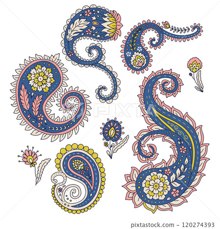 Set of colorful paisley motifs isolated on white 120274393