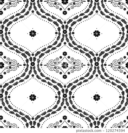Seamless pattern with black floral ogee geometrical motifs on a white background 120274394