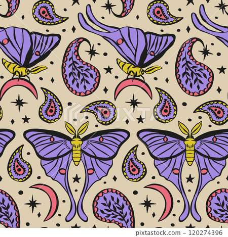 Seamless pattern with celestial luna moth and paisley motif. Stars and moons boho wallpaper Seamless pattern with celestial luna moth and paisley motif. Stars and moons boho wallpaper 120274396
