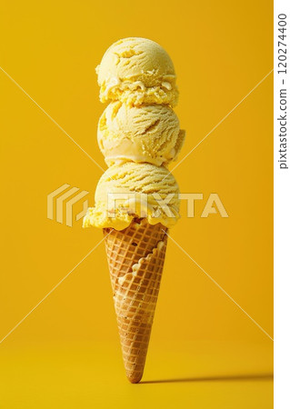 Three scoops of soft ice cream stacked on the waffle, bright yellow background, minimalistic presentation 120274400