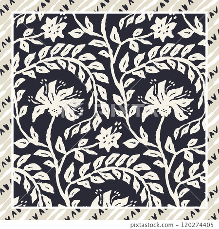 Monochrome black and white brush strokes inky trailing flowers scarf or bandana design 120274405
