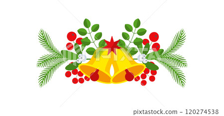 Christmas garland with bells and plant branches, flowers and berries. Christmas garland with bells and plant branches, flowers and berries. 120274538