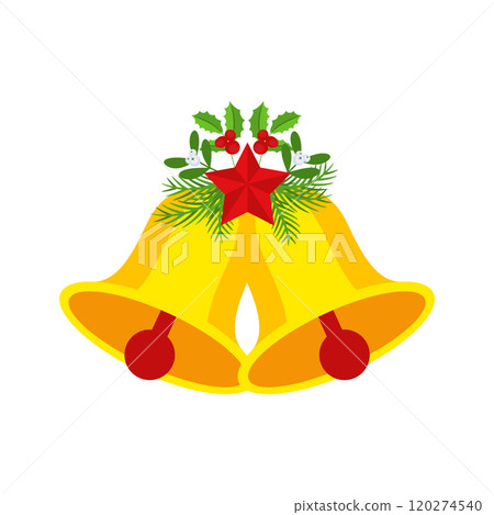 Two Christmas bells with red star and floral garland. Two Christmas bells with red star and floral garland. 120274540