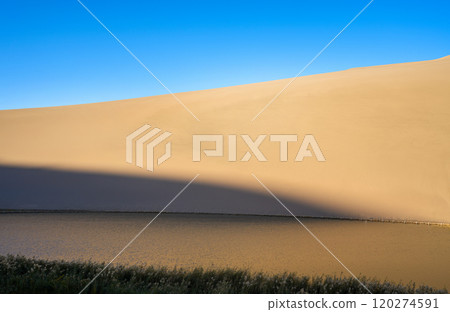 The landscape of desert and oasis against blue sky 120274591