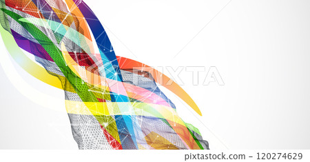 Abstract wireframe wave with colored lines in wave style. Plexus effect. Hand drawn vector. 120274629