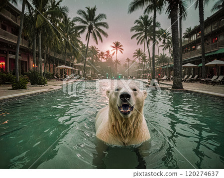 Tropical resort in Arctic Circle sees polar bear swimming in hotel outdoor pool. Tropical resort in Arctic Circle sees polar bear swimming in hotel outdoor pool. 120274637