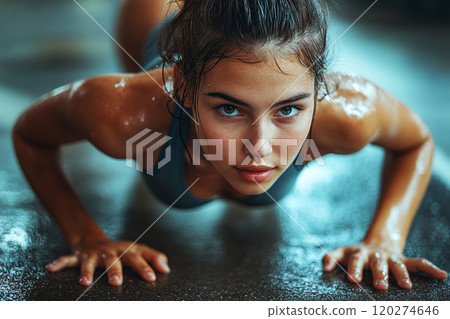 Standard regular push ups for women is advanced training  using no equipment. 120274646