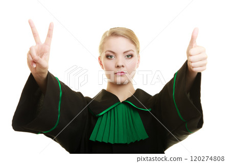 Woman barrister making sign victory thumb up gesture 120274808