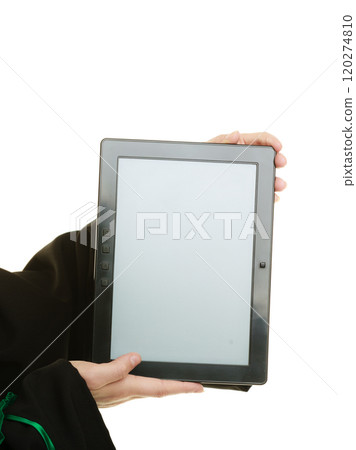 Woman lawyer holds tablet blank copy space. Woman lawyer holds tablet blank copy space. 120274810