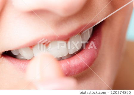 Woman smiling with dental floss. Woman smiling with dental floss. 120274890