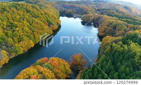 Aerial view of Lake Choro in early autumn Aerial view of Lake Choro in early autumn 120274999