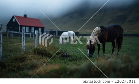 Two icelandic horses grazing peacefully in a field with a traditional icelandic house in the background on a cloudy day 120275011