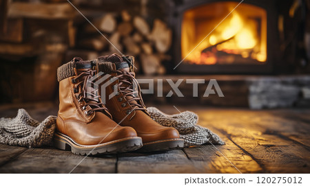 Cozy winter scene with warm boots and a knit scarf resting by the fireplace on a wooden floor 120275012