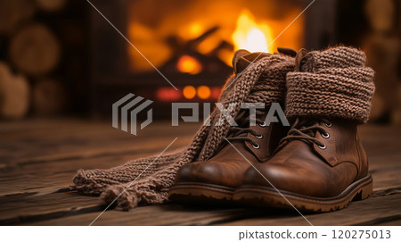 Leather winter boots and a cozy knitted scarf resting by a fireplace on a wooden floor 120275013