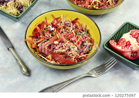 Plate with raw sprouts salad. Plate with raw sprouts salad. 120275097