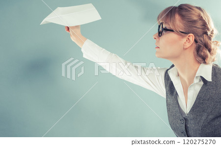 Fly fear. Woman holding airplane in hand. Fly fear. Woman holding airplane in hand. 120275270