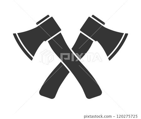 Crossed Wooden axes icon symbol shape. Forestry axe tool logo sign. Vector illustration image. Isolated on white background. 120275725