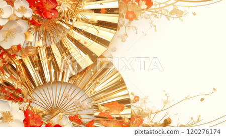Golden fan and red and white plum blossoms 120276174