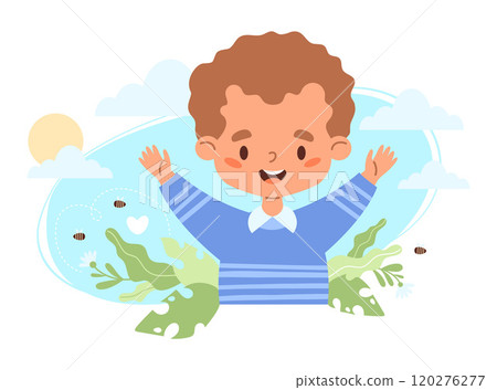 Happy Child Boy with Nature, clouds and Eco. Positive Impact of Environment and Mental Health Kid. Vector illustration 120276277
