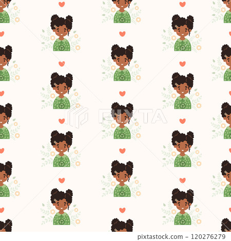 Seamless pattern with portrait happy black girl in dress made from eco-friendly recycled green material on white background with flower. Vector illustration 120276279