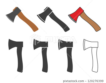 Wooden axe icon symbol shape set. Forestry axe tool logo sign collection. Vector illustration image. Isolated on white background. Wooden axe icon symbol shape set. Forestry axe tool logo sign collection. Vector illustration image. Isolated on white background. 120276399