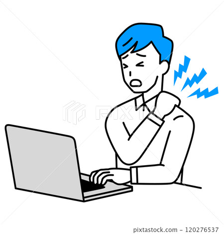 Casual man suffering from stiff shoulders while working on a laptop 120276537