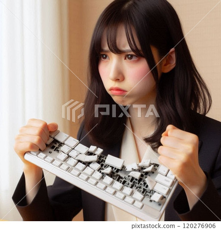 Business woman breaking a computer due to stress Business woman breaking a computer due to stress 120276906