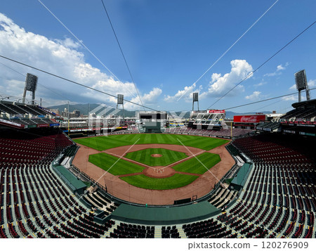 Panoramic, wide-angle view of the field and spectator seats at Mazda Stadium Hiroshima (Hiroshima Municipal Baseball Stadium) 120276909