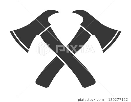 Crossed Fire axes icon symbol shape. Firefighter axe tool, fire department logo sign. Vector illustration image. Isolated on white background. Crossed Fire axes icon symbol shape. Firefighter axe tool, fire department logo sign. Vector illustration image. Isolated on white background. 120277122