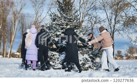 School friends run around the spruce tree holding hands. Christmas concept. 120277636