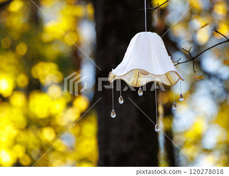 Elegant white lampshade adorned with crystals hanging from a tree branch in a vibrant autumn forest 120278018