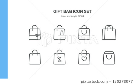 Gift Bag Icon Set, Linear and Simple Vector Symbols of Shopping Gift Bags for Retail, E-commerce, and Holiday Seasonal Promotions, Online and Digital Shops. Vector Editable Isolated Goody Bags. Gift Bag Icon Set, Linear and Simple Vector Symbols of Shopping Gift Bags for Retail, E-commerce, and Holiday Seasonal Promotions, Online and Digital Shops. Vector Editable Isolated Goody Bags. 120278077