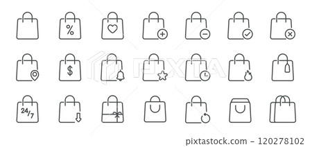 Shopping Bag Icon Set. Line Icons Representing Discounts, Favorites, Add, Remove, Location, Notifications, Price, Tags, and Features for E-commerce and Online Stores 120278102