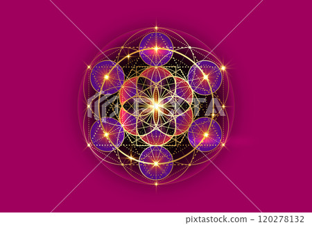 Seed of life symbol Sacred Geometry. Geometric mystic mandala of alchemy esoteric Flower of Life. Gold luxury design, colorful vector divine meditative amulet isolated on purple background Seed of life symbol Sacred Geometry. Geometric mystic mandala of alchemy esoteric Flower of Life. Gold luxury design, colorful vector divine meditative amulet isolated on purple background 120278132