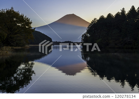 Mt. Fuji and sunrise from Lake Tanuki in autumn 120278134