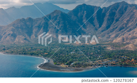 Landscape on West Bali with blue ocean and mountains in Pemuteran area 120278167