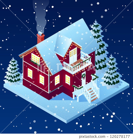 Isometric Vector Illustration of a Cozy House with Christmas Decorations at Night 120278177