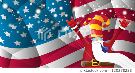 vector cool rock n roll santa claus with smoking pipe, santa beard and funky hat stands in front of american flag with snowflakes. Horizontal USA AMERICAN patriot Christmas hipster party poster design 120278228