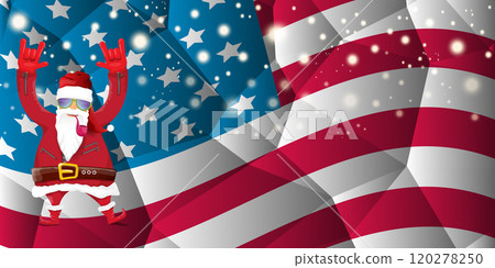 vector cool rock n roll santa claus with smoking pipe, santa beard and funky hat stands in front of american flag with snowflakes. Horizontal USA AMERICAN patriot Christmas hipster party poster design vector cool rock n roll santa claus with smoking pipe, santa beard and funky hat stands in front of american flag with snowflakes. Horizontal USA AMERICAN patriot Christmas hipster party poster design 120278250