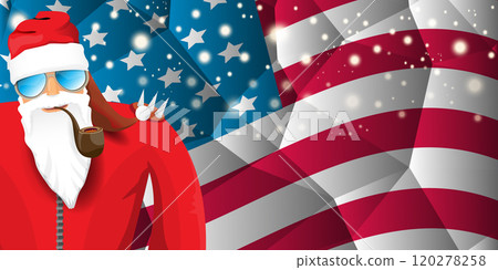 vector cool rock n roll santa claus with smoking pipe, santa beard and funky hat stands in front of american flag with snowflakes. Horizontal USA AMERICAN patriot Christmas hipster party poster design 120278258