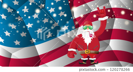 vector cool rock n roll santa claus with smoking pipe, santa beard and funky hat stands in front of american flag with snowflakes. Horizontal USA AMERICAN patriot Christmas hipster party poster design 120278266