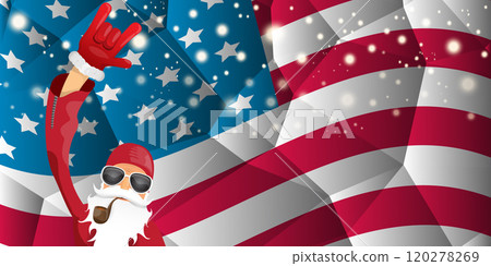 vector cool rock n roll santa claus with smoking pipe, santa beard and funky hat stands in front of american flag with snowflakes. Horizontal USA AMERICAN patriot Christmas hipster party poster design 120278269