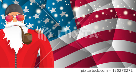 vector cool rock n roll santa claus with smoking pipe, santa beard and funky hat stands in front of american flag with snowflakes. Horizontal USA AMERICAN patriot Christmas hipster party poster design vector cool rock n roll santa claus with smoking pipe, santa beard and funky hat stands in front of american flag with snowflakes. Horizontal USA AMERICAN patriot Christmas hipster party poster design 120278271