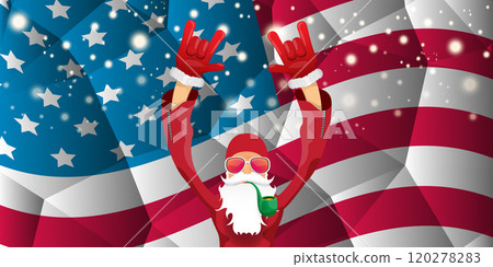 vector cool rock n roll santa claus with smoking pipe, santa beard and funky hat stands in front of american flag with snowflakes. Horizontal USA AMERICAN patriot Christmas hipster party poster design vector cool rock n roll santa claus with smoking pipe, santa beard and funky hat stands in front of american flag with snowflakes. Horizontal USA AMERICAN patriot Christmas hipster party poster design 120278283