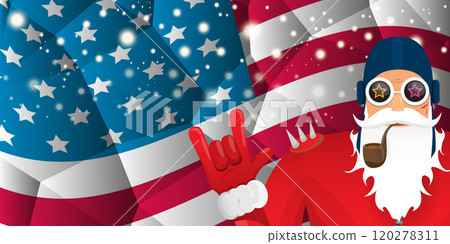 vector cool rock n roll santa claus with smoking pipe, santa beard and funky hat stands in front of american flag with snowflakes. Horizontal USA AMERICAN patriot Christmas hipster party poster design 120278311