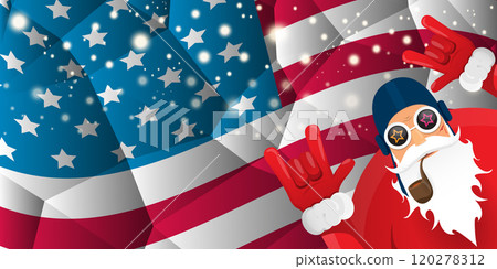 vector cool rock n roll santa claus with smoking pipe, santa beard and funky hat stands in front of american flag with snowflakes. Horizontal USA AMERICAN patriot Christmas hipster party poster design vector cool rock n roll santa claus with smoking pipe, santa beard and funky hat stands in front of american flag with snowflakes. Horizontal USA AMERICAN patriot Christmas hipster party poster design 120278312