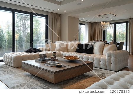 Large white sectional sofa is surrounded by a coffee table. Living room is well lit and has a modern, elegant feel 120278325