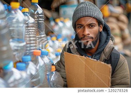 Black man in a hat and a black hoodie holds a copy space sign against the background of plastic recycling bottles 120278326